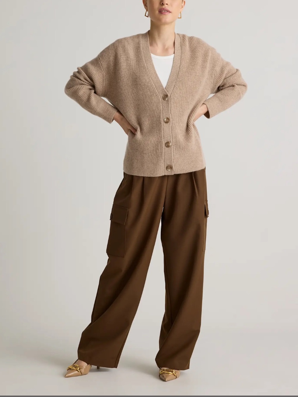 Womens Beige Cashmere Button-Front V-Neck Cardigan Sweater - Picture 2 of 9